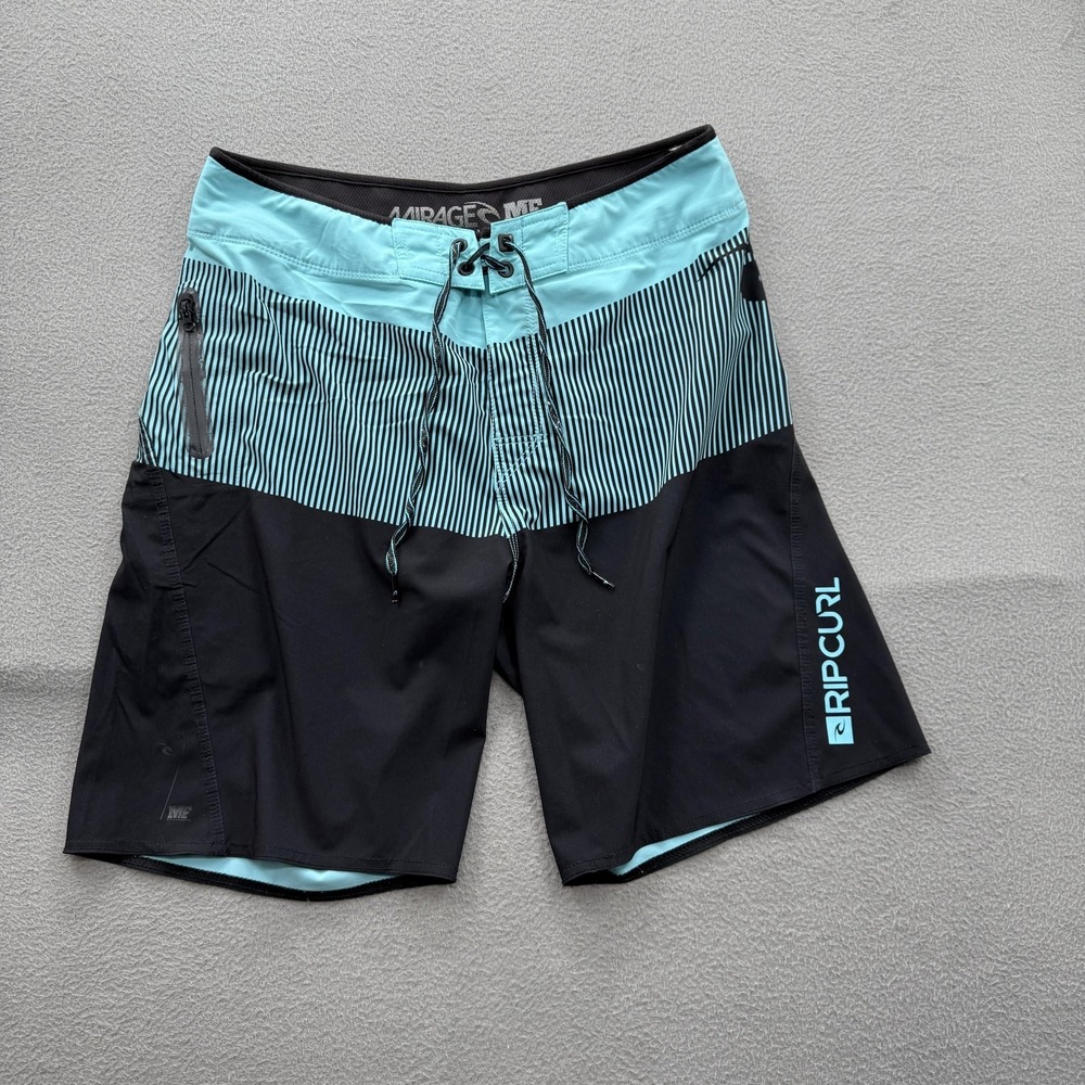 Rip Curl Board Shorts Mens 32 Black Aqua Stripe Swim Trunks Zip Pocket Stretch